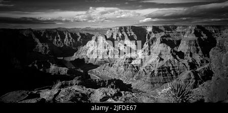 Schwarz-Weiß-Ansicht des Grand Canyon, im Bundesstaat Arizona, USA. Stockfoto