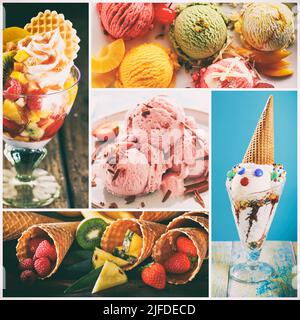 Collage aus köstlichen süßen Eisschaufeln mit verschiedenen Geschmacksrichtungen und Farben mit knusprigen Waffelkegeln, die mit reifen Beeren verziert sind Stockfoto