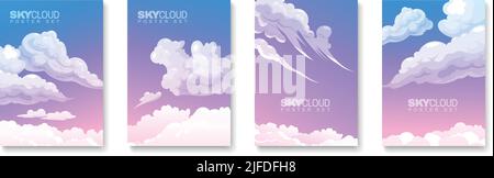 Vier isolierte Poster mit verschiedenen Formen von weißen, flauschigen Wolken auf einer flachen Vektorgrafik im Hintergrund mit Farbverlauf Stock Vektor