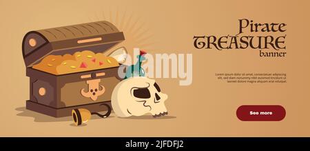 Piraten Schatz horizontalen Banner Holzkiste voller Goldmünzen und Schädel Symbole flache Vektor-Illustration Stock Vektor