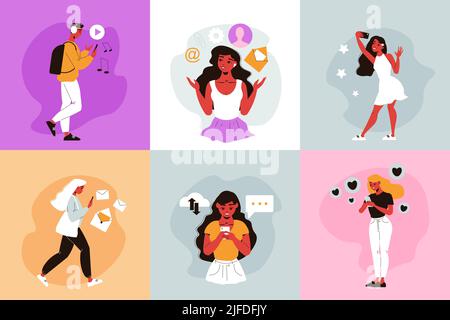 Social Network Design Konzept mit quadratischen Kompositionen von Doodle menschlichen Charakteren mit Online-Messaging auf Smartphones Vektor-Illustration Stock Vektor