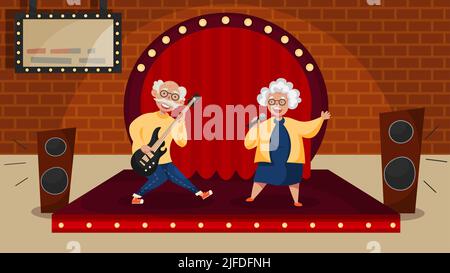 Musik-Aktivitäten für ältere ältere ältere Cartoon-Komposition mit alternden Paar auf der Bühne singen Gitarre Vektor-Illustration spielen Stock Vektor