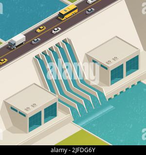 Green Energy Ecology isometrische Zusammensetzung Wasseraufbereitungsstruktur mit einer Brücke auf der Oberseite Vektor-Illustration Stock Vektor