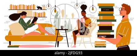 Mann mit Bücherstapel und zwei Frauen beim Lesen, während sie auf Sofa und Stuhl in einem gemütlichen Raum sitzen und eine Vektor-Illustration sehen Stock Vektor