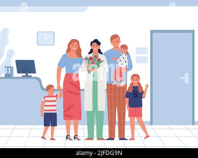 Glückliche Familie mit drei Kindern und Kinderärztin mit Blumenstrauß in der Nähe der Arztpraxis flach Vektor-Illustration Stock Vektor