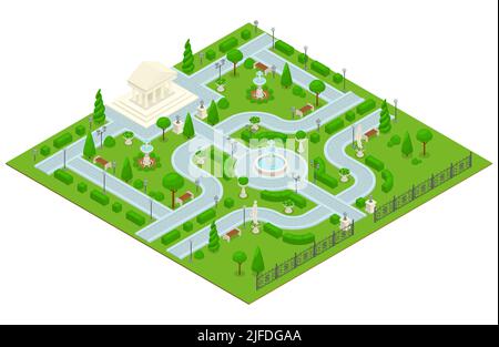 Farbige isometrische Landschaft Design Park Komposition mit einem kleinen Park mit einem architektonischen Gebäude und Pfade von Rasen und grünen Bäumen Vektor illustraa Stock Vektor