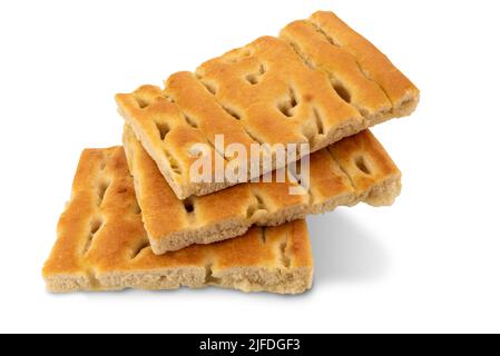 Focaccia Brot ligurisch typisch von Genua - Brot aus Sauerteig und Olivenöl - Stapel von drei Scheiben isoliert auf weißem, Clipping-Pfad enthalten Stockfoto