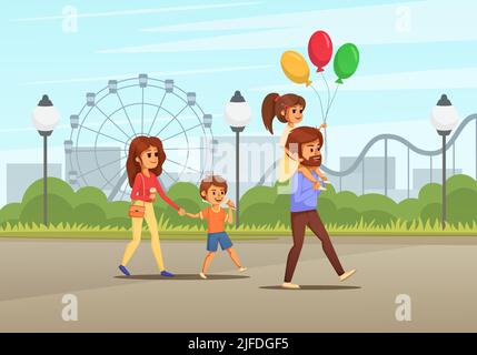 Familienurlaub Cartoon farbige Komposition Familie mit Kindern zu Fuß durch einen Vergnügungspark mit Luftballons Vektor-Illustration Stock Vektor