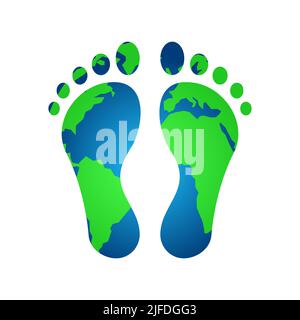 CO2-Fußabdruck-Konzept. Fuß Erde Globus. Emissionsfrei. Idee zur CO2-Neutralität. Weltkarte mit menschlichen Füßen. Verschmutzung durch Treibhausgase. Vektor Stock Vektor