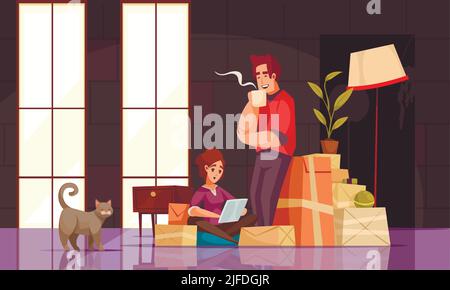 Neues Haus innen Cartoon Kompositionen junges Paar mit Katze Pakete Boxen auf dem Boden Überprüfung Laptop Vektor Illustration Stock Vektor