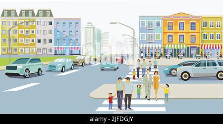 Stadtbild mit Familien auf dem Fußgängerweg und Straßenverkehr, Illustration Stock Vektor