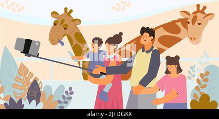 Die Familie wird auf einem Selfie-Stick mit Giraffen in der Zoo-Flachvektorillustration fotografiert Stock Vektor