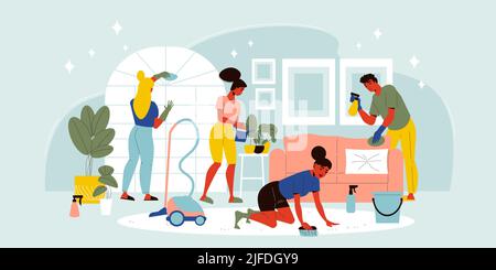 Vier Personen putzen Wohnzimmer mit Staubsauger Bürstentuch und Bewässerung Blumen flache Vektor-Illustration Stock Vektor