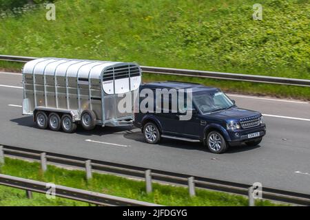 2014 Blue 4x4 Offroad Land Rover Discovery XS SDV6 Auto Diesel SUV mit Nugent Viehanhänger; Fahren auf der M6 Motorway, Manchester, Großbritannien Stockfoto