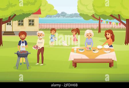 Familienurlaub farbige Cartoon Komposition Familie verbringt Zeit zusammen im Hof Vorbereitung von Lebensmitteln für Picknick Kinder spielen Vektor-Illustration Stock Vektor