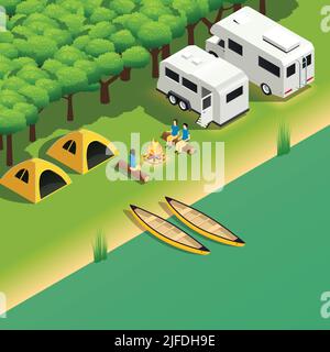 Kajak-Rafting Downstream-Touren isometrische Zusammensetzung mit Kanu-Reise Camping-Spot auf Flussufer Vektor-Illustration Stock Vektor