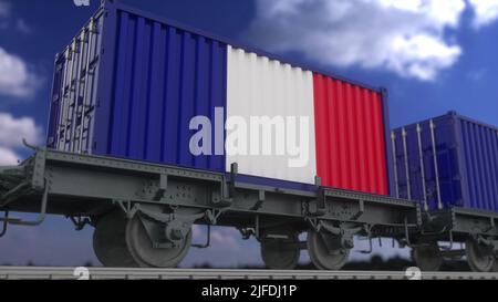 Zug und Container mit der Flagge von Frankreich. Eisenbahnverkehr. 3d-Rendering. Stockfoto