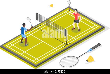 Internationaler Sporttag isometrische Zusammensetzung mit Blick auf den Tennisplatz mit Netz und Paar Spieler Vektor-Illustration Stock Vektor