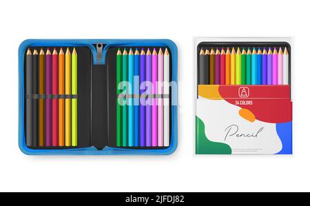 Realistisches Set mit mehrfarbigen Bleistiften im offenen blauen Etui und isolierter Vektorgrafik aus Karton Stock Vektor