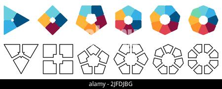 Polygone, die in gleiche Teile geteilt sind, in der Mitte leeren Raum. Version mit drei bis acht Segmenten, schwarz-weiß und Farbe, einfache Infografiken Element Stock Vektor