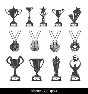 Satz von Pokalmedaillen belohnen monochrome Symbole mit isolierten Bildern von Auszeichnungen Ehrenpreise auf Ständer Vektordarstellung Stock Vektor