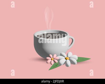 3D Vektor Tasse Kaffee mit Blumen Stock Vektor