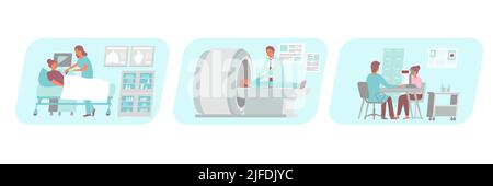 Satz von drei medizinischen diagnostischen Zusammensetzungen mit flachen Zeichen von Ärzten Krankenschwester und Patienten mit Geräten Vektor-Illustration Stock Vektor