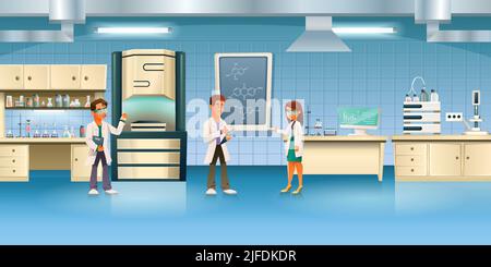 Wissenschaftler Cartoon-Komposition mit Innenansicht des Labors mit Reagenzgläsern Computer und Menschen Vektor-Illustration Stock Vektor