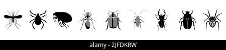 Insektensymbole eingestellt. Silhouetten von verschiedenen Insekten isoliert auf weißem Hintergrund. Vektorgrafik. Stock Vektor