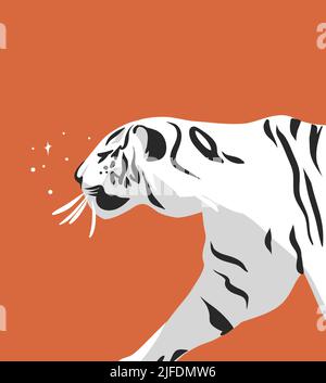 Handgezeichnete Vektor abstrakte Grafik Cartoon Illustration mit Schönheit niedlich himmlisch trendy Wildlife weiß, niedlichen Mond Tiger, Mond und Sterne isoliert auf Stock Vektor