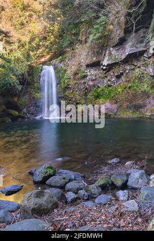 Der Todorokikyo-Wasserfall, der nach dem ohrenbetäubenden Brüllen benannt wird, das er macht, wenn das Wasser den Tauchpool trifft, der von Felsen am Sakai-Fluss von Tara umgeben ist Stockfoto