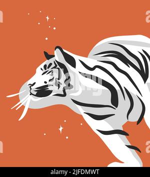 Handgezeichnete Vektor abstrakte Grafik Cartoon Illustration mit Schönheit niedlich himmlisch trendy Wildlife weiß, niedlichen Mond Tiger, Mond und Sterne isoliert auf Stock Vektor