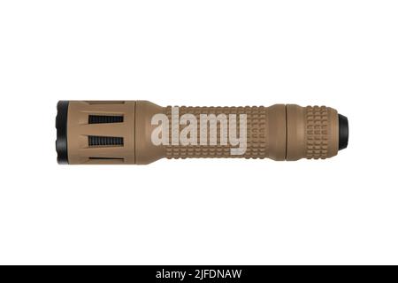 Braune LED-Taschenlampe aus Metall isoliert auf weißem Hintergrund. Taschenlampe für dunkle Tageszeiten oder dunkle Räume. Stockfoto