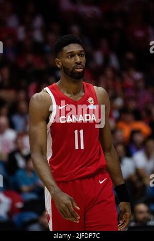 Hamilton, Kanada, 01. Juli 2022: Kyle Alexander vom Team Canada beim Qualifikationsspiel der FIBA-Weltmeisterschaft (Fenster 3) gegen das Team Dominican Republic im ersten Ontario Centre in Hamilton, Kanada. Kanada gewann das Spiel mit der Punktzahl 95-75. Quelle: Phamai Techaphan/Alamy Live News Stockfoto