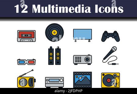 Multimedia-Symbol Eingestellt. Editierbare Fett Formatigte Kontur Mit Farbfüllungsdesign. Vektorgrafik. Stock Vektor