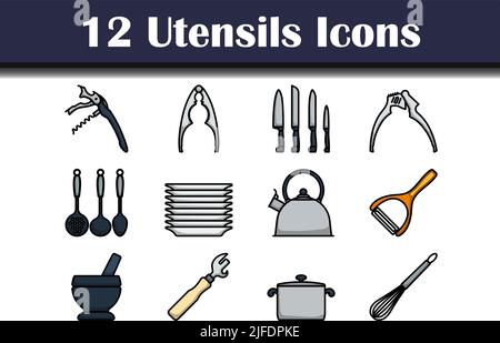 Utensilien-Symbolsatz. Editierbare Fett Formatigte Kontur Mit Farbfüllungsdesign. Vektorgrafik. Stock Vektor
