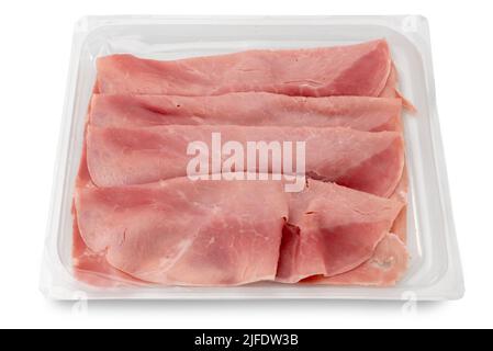 Scheiben gekochten Schinken in Kunststoff-Food-Tablett zum Verkauf im Supermarkt, Draufsicht isoliert auf weiß mit Clipping-Pfad enthalten. Stockfoto