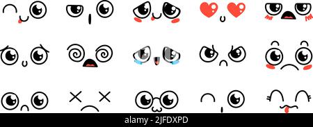 Verschiedene Cartoon Emoticons Set. Doodle Gesichter, Augen und Mund. Karikatur Comic expressive Emotionen, lächelnd, weinend und überrascht Charakter Gesicht expres Stock Vektor