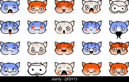 Verschiedene Cartoon Kitten Set. Doodle Gesichter, Augen und Mund. Karikatur Comic ausdrucksstarke Emotionen, lächelnd, weinend und überrascht Charakter Gesicht expressio Stock Vektor