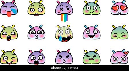 Verschiedene Cartoon Emoticons Set mit Schnecken oder Schnecken. Doodle Gesichter, Augen und Mund. Karikatur Comic ausdrucksstarke Emotionen, lächelnd, weinend und überrascht Stock Vektor
