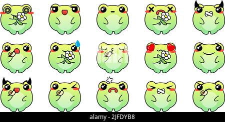 Verschiedene Cartoon Frösche Set. Doodle Gesichter, Augen und Mund. Karikatur Comic expressive Emotionen, lächeln, weinen und überrascht Charakter Gesichtsausdruck Stock Vektor