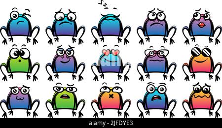 Verschiedene Cartoon Frösche Set. Doodle Gesichter, Augen und Mund. Karikatur Comic expressive Emotionen, lächeln, weinen und überrascht Charakter Gesichtsausdruck Stock Vektor