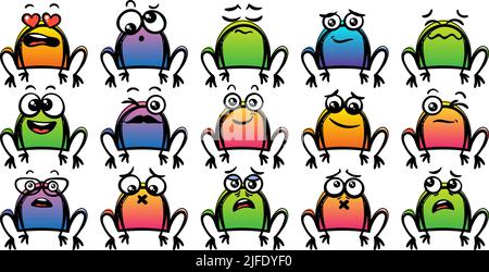 Verschiedene Cartoon Frösche Set. Doodle Gesichter, Augen und Mund. Karikatur Comic expressive Emotionen, lächeln, weinen und überrascht Charakter Gesichtsausdruck Stock Vektor
