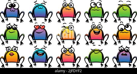 Verschiedene Cartoon Frösche Set. Doodle Gesichter, Augen und Mund. Karikatur Comic expressive Emotionen, lächeln, weinen und überrascht Charakter Gesichtsausdruck Stock Vektor