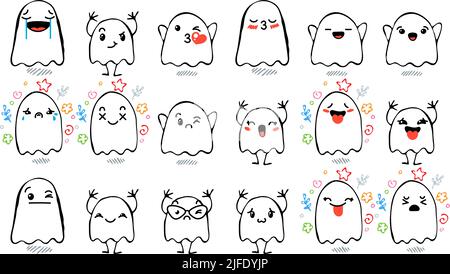 Set aus verschiedenen Cartoon Ghosts mit Emoticons. Doodle Ghouls, Augen und Mund. Karikatur Comic ausdrucksstarke Emotionen, lächelnd, weinend und überrascht Chara Stock Vektor