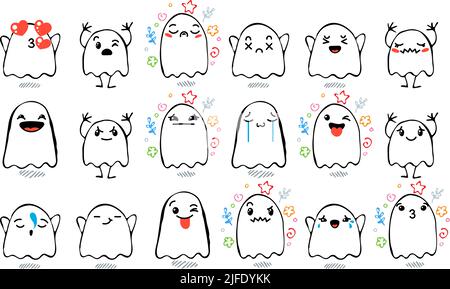Set aus verschiedenen Cartoon Ghosts mit Emoticons. Doodle Ghouls, Augen und Mund. Karikatur Comic ausdrucksstarke Emotionen, lächelnd, weinend und überrascht Chara Stock Vektor
