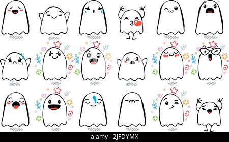 Set aus verschiedenen Cartoon Ghosts mit Emoticons. Doodle Ghouls, Augen und Mund. Karikatur Comic ausdrucksstarke Emotionen, lächelnd, weinend und überrascht Chara Stock Vektor