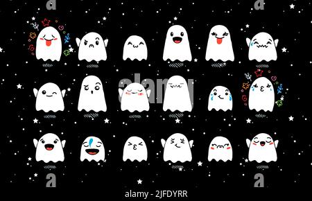 Set aus verschiedenen Cartoon Ghosts mit Emoticons. Doodle Ghouls, Augen und Mund. Karikatur Comic ausdrucksstarke Emotionen, lächelnd, weinend und überrascht Chara Stock Vektor