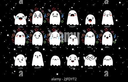 Set aus verschiedenen Cartoon Ghosts mit Emoticons. Doodle Ghouls, Augen und Mund. Karikatur Comic ausdrucksstarke Emotionen, lächelnd, weinend und überrascht Chara Stock Vektor