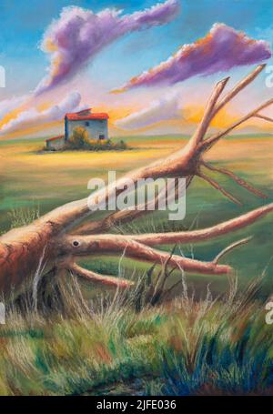 Baumzweige in einer ländlichen Landschaft. Original Gemälde auf Leinwand. Stockfoto